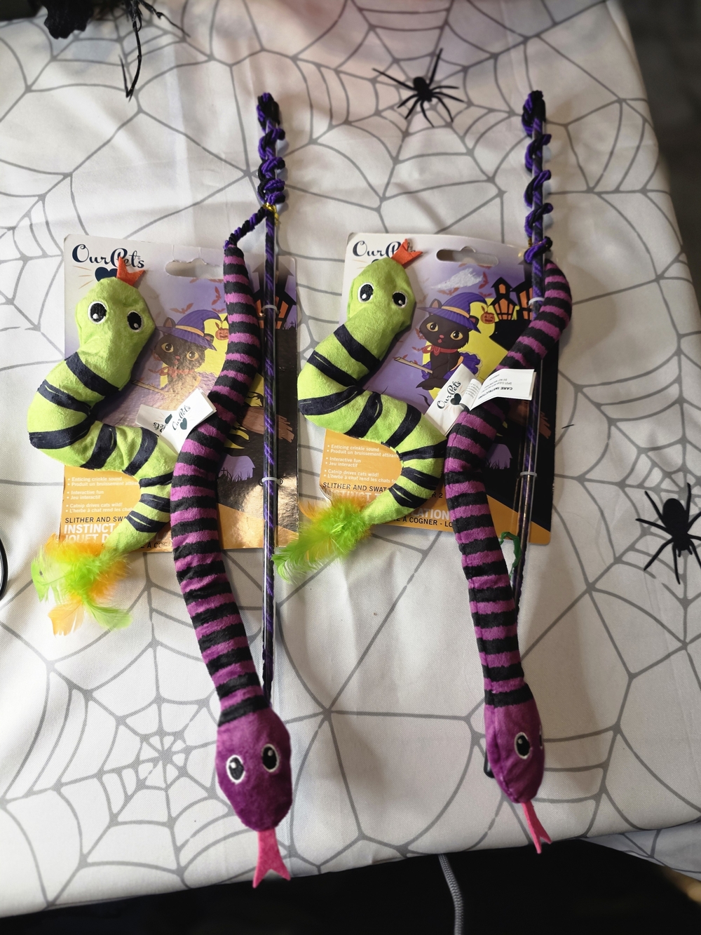 Cat Toy Wand with Green & Purple Striped Plush Snakes Beetlejuice Inspired